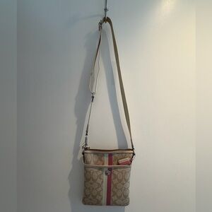 Coach Beige Canvas Crossbody with Pink and Cream Stripe